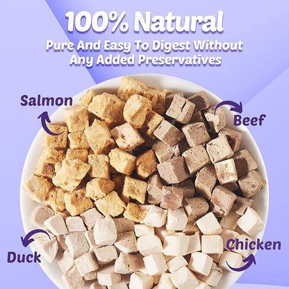 Freeze-Dried Turtle Food – 4 in 1 Chicken, Duck, Salmon, Beef – Treats for Aquatic, Box & Baby Species, Cats & Dogs – Real Human-Grade Meat
