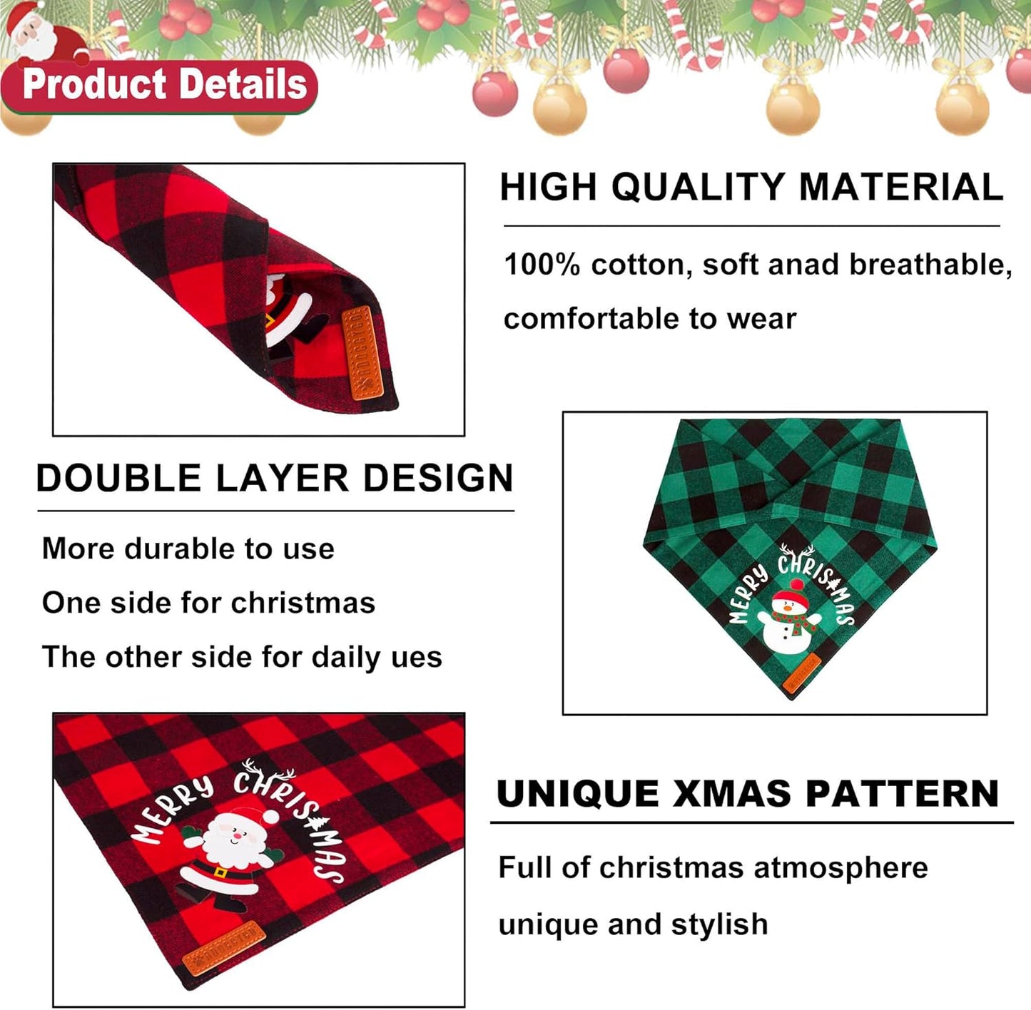ADOGGYGO Christmas Dog Bandanas, Red Green Plaid Pet Scarf, Premium Cotton Fabric, Xmas Santa Snowman Christmas Bandanas for Extra Large Dogs Pets (X-Large)