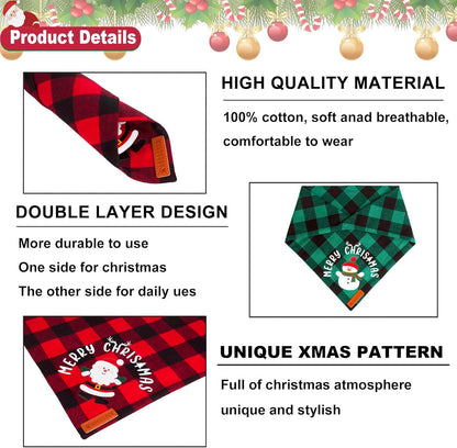 ADOGGYGO Christmas Dog Bandanas, Red Green Plaid Pet Scarf, Premium Cotton Fabric, Xmas Santa Snowman Christmas Bandanas for Small Dogs Pets (Small)