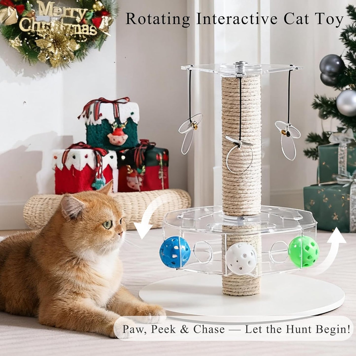 Modern 3-in-1 Interactive Cat Toy with Scratching Post, Rotating Cat Puzzle Toys for Indoor Cats with Colorful Jingle Balls, Spinning Teaser Disc with Dangling Toys, Acrylic, White