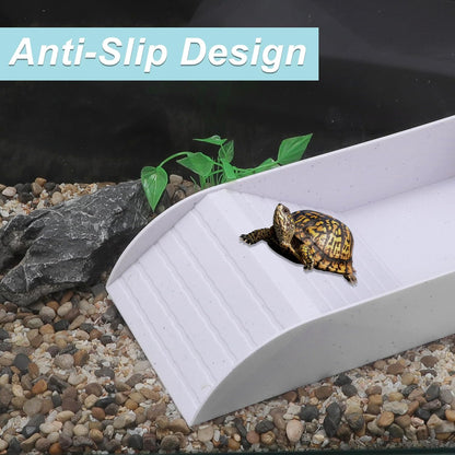 Tortoise Food Dish with Ramp, Plastic Reptile Water Bowl, Tortoise Water Pool, Reptile Climbing Ramp for Turtles Lizards, 13.98"x7.87"x2.36", White