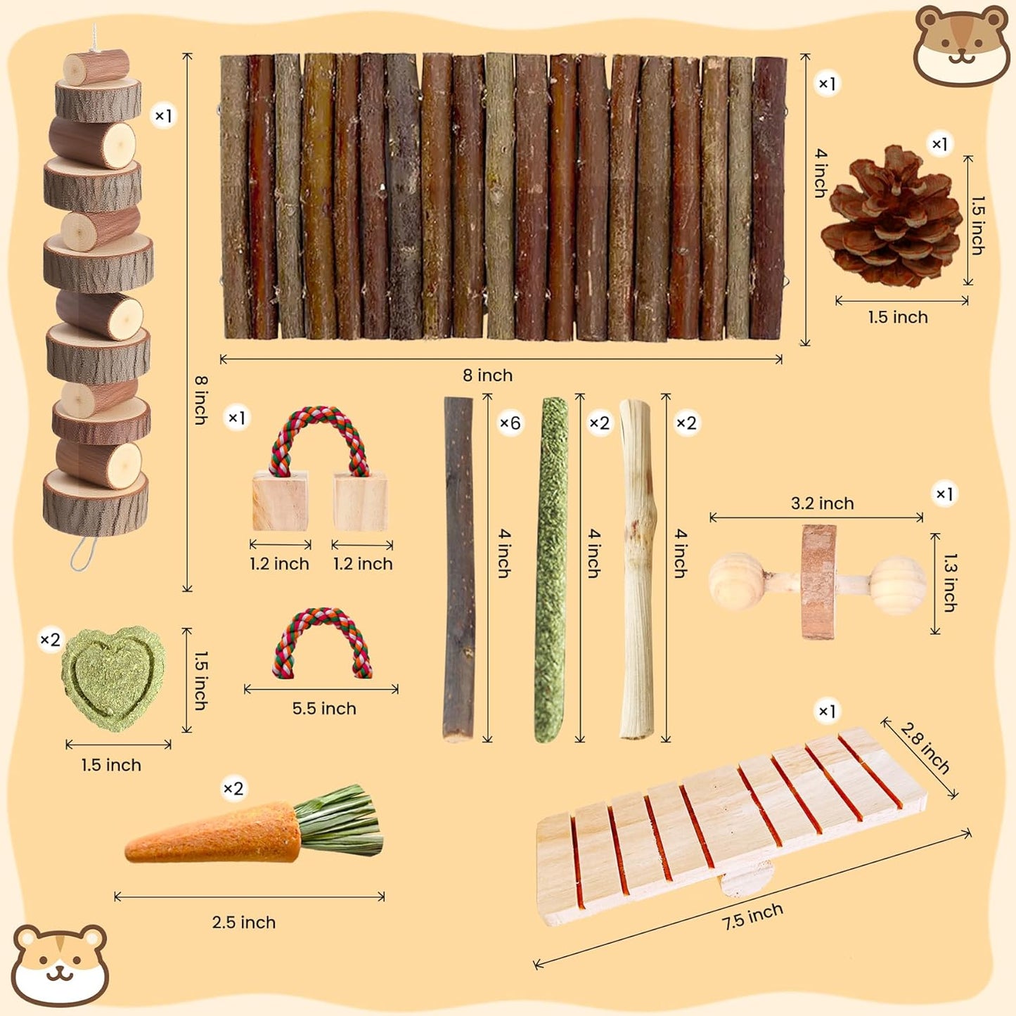 20 PCS Hamster Chew Toys Set, Natural Apple Wood Guinea Pig Toys, Hamster Cage Accessories Include Bridge, Seesaw, Carrot, Timothy Straw Stick Dental Care for Rat Gerbil Chinchilla Rabbits