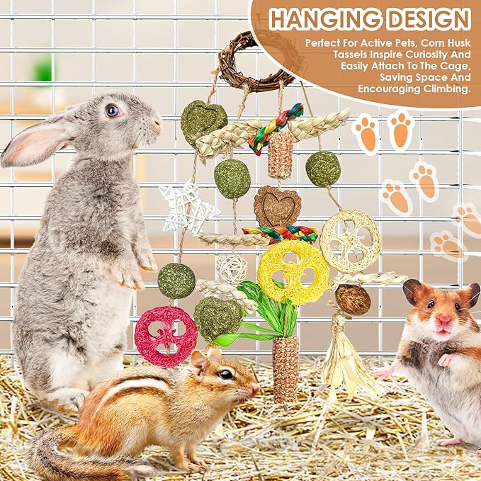 Bunny Chew Toy, Rabbits Cage Hanging Chew Toys and Treats Rattan Ring with Snacks Water Grass Wooden Block Carrot for Guinea Pigs Chinchillas Hamsters Rats and Other Small Pets Teeth Grinding