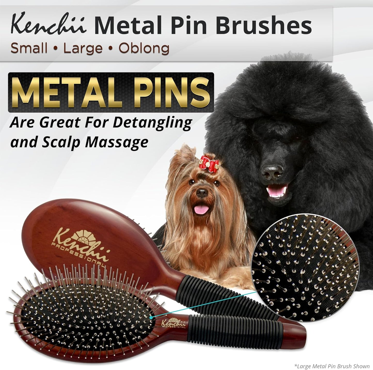 Kenchii Pet Grooming Metal Pin Brush for Dogs and Cats, Solid Wood Handle, Non Slip Grip, Detangling and Shedding Brush for Long or Short Haired Pets, Size Small