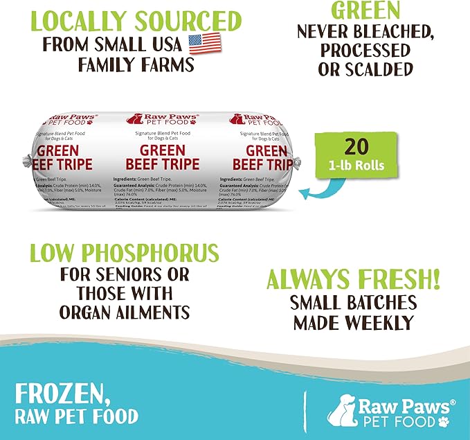 Raw Paws Signature Pet Food for Dogs & Cats - Green Beef Tripe, 1-lb Rolls (20 Pack) - Fresh Pet Food Made in USA, Green Beef Tripe Dog Food - Natural Dog Food Rolls, Raw Frozen Dog & Cat Food