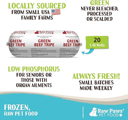 Raw Paws Signature Pet Food for Dogs & Cats - Green Beef Tripe, 1-lb Rolls (20 Pack) - Fresh Pet Food Made in USA, Green Beef Tripe Dog Food - Natural Dog Food Rolls, Raw Frozen Dog & Cat Food