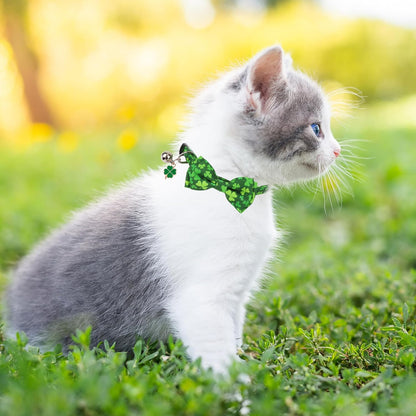 ADOGGYGO St. Patrick's Day Cat Collars with Bow Bell, Green Shamrock Pattern Kitten Collar with Removable Bowtie, Pet St Patricks Collars for Cats Kittens (St. Patrick's Day)