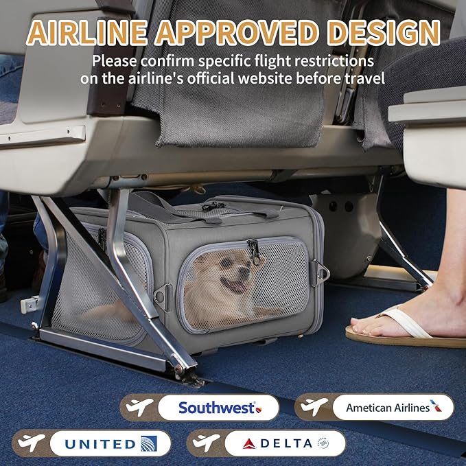 ‌Petsfit Airline Approved Pet Carrier for Small Dogs & Cats, 18x8x11 TSA Approved Carrier, with Removable Dual-Sided Padding (2-Way Placement) - Fits Under Most Airplane Seats, Escape Proof (Grey)
