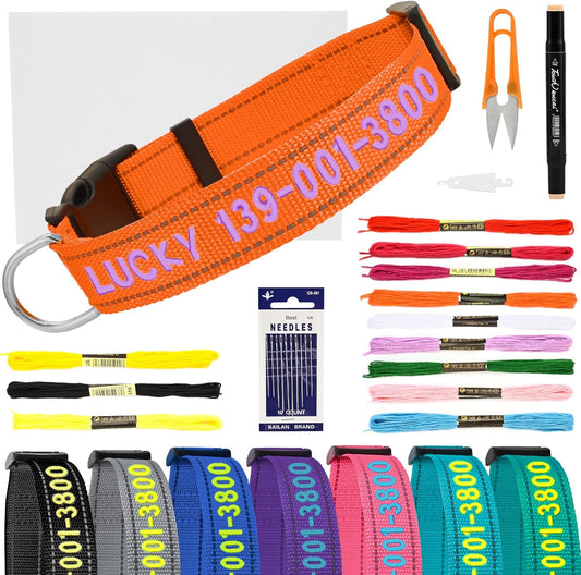 DIY Personalized Embroidered Dog Collar - Custom Hand-Stitched Name & Number, Reflective Adjustable Pet Collar for Small/Medium/Large Dogs & Cats, Durable Nylon with Steel D-Ring (Orange, Large)