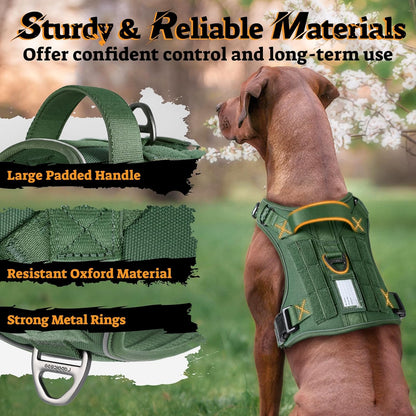 rabbitgoo Dog Harness Medium Sized No Pull, Tactical Service Pet Vest with Molle and Control Handle, Adjustable and Reflective Military Harness for Easy Walking and Training, Green, M