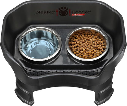 Neater Feeder Deluxe Mess Proof Dog Bowls Elevated Medium Sized Dogs (19-40 lbs) Made in USA, No Spill Raised Dog Food Bowl Stand w/Leg Extension, Stainless Steel Food and Water Bowl Set, Black