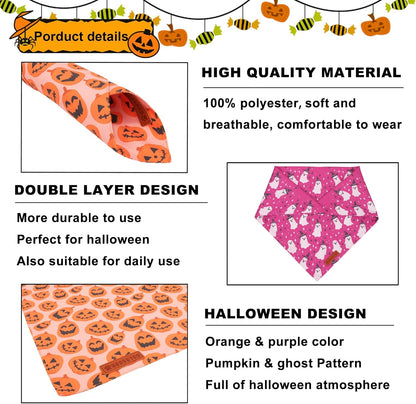 ADOGGYGO Halloween Dog Bandana, Pumpkin Ghost Pet Scarf, Premium Durable Fabric, Adjustable Fit Halloween Bandanas for Small Dogs Pets (Small)