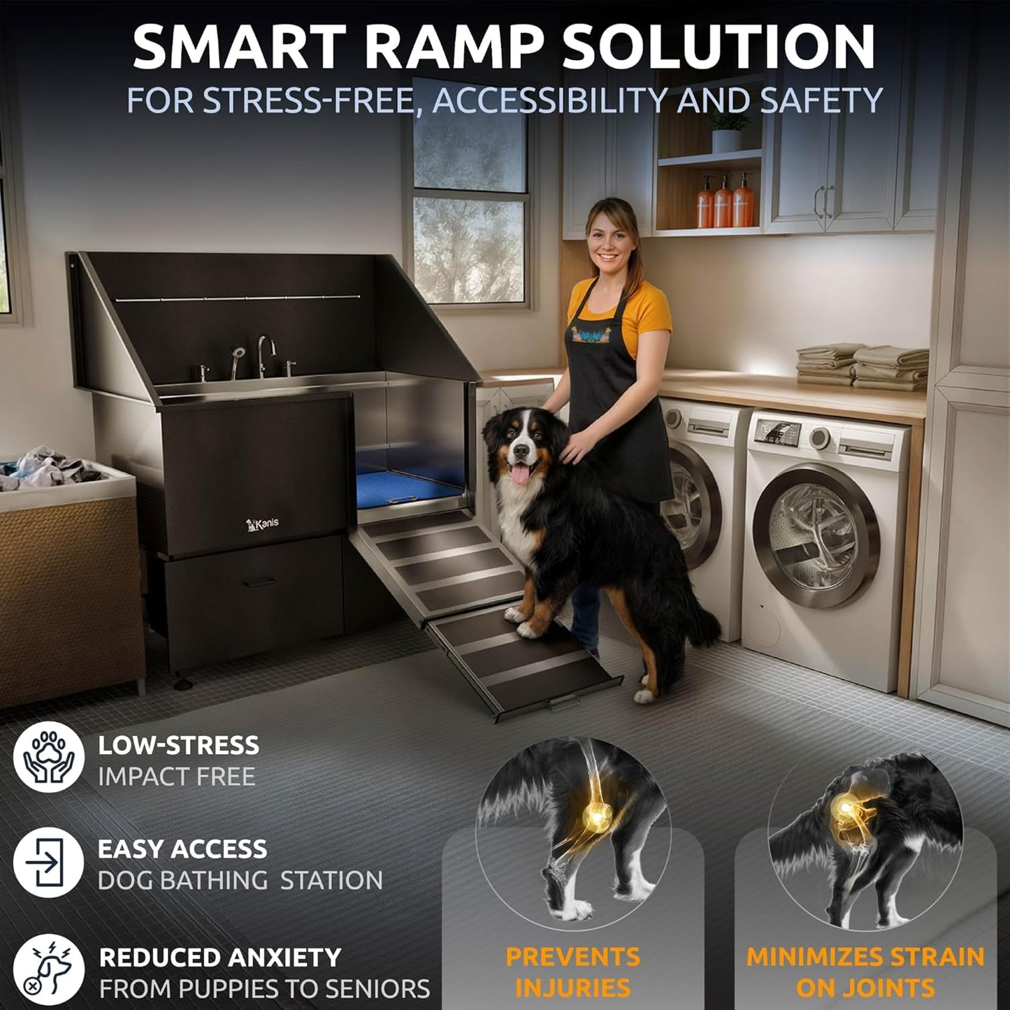 KANIS Black Line Professional Dog Washing Station - 304 Stainless Steel Pet Wash Sink & Grooming Bathtub w/Shower, Floor Grates and Storage for Large, Medium & Small Pets (50", 2 Drawers - Right Ramp)