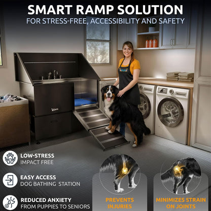 KANIS Black Line Professional Dog Washing Station - 304 Stainless Steel Pet Wash Sink & Grooming Bathtub w/Shower, Floor Grates and Storage for Large, Medium & Small Pets (50", 2 Drawers - Right Ramp)