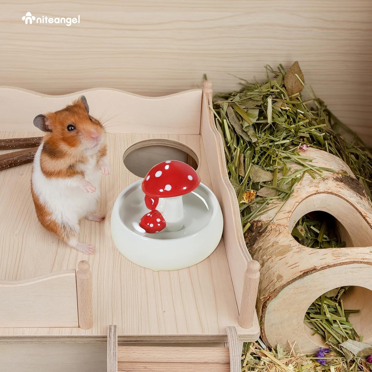 Niteangel Hamster Feeding & Water Bowls- Mushroom Ceramics Series Food Dish Feeding Bowls for Dwarf Syrian Hamsters Gerbils Mice Rats or Other Similar-Sized Small Pets (Water Bowl)