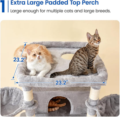 MWPO Extra Large Cat Tree, 77.6-Inch Tall Cat Tower for Indoor Cats with 2 Condos, Multi-Level Cat Stand for Large Cats, 3 Hammocks, Wide Perch, Scratching Posts, Dangling Toys, Light Grey