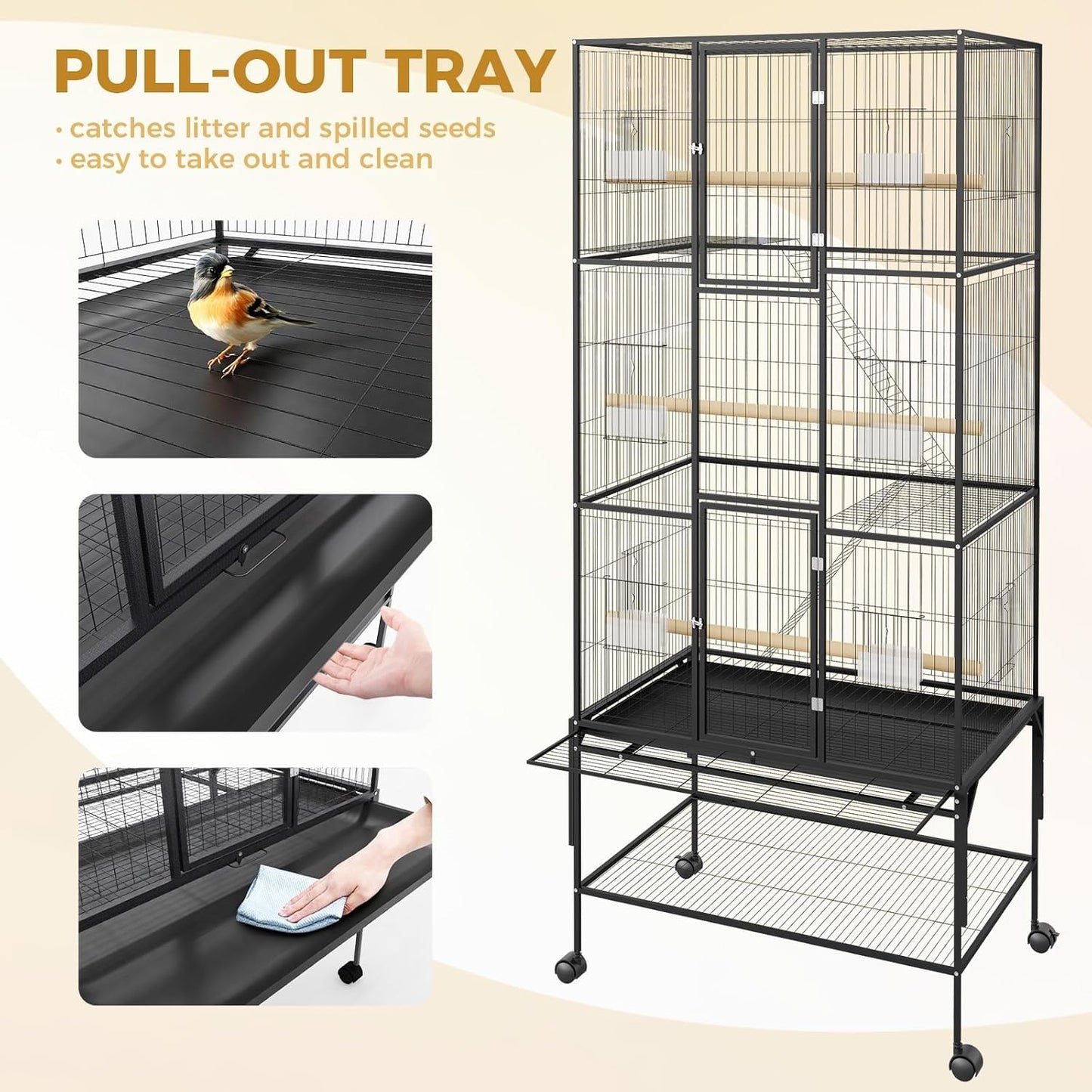 69inch Large Bird Cage Parrot Cage Metal Parrot Flight Cage for Budgie Parakeet Conure, Feeders, Ladders, Perches, Slide-Out Tray Rolling Cockatiel Cage for Mid-Sized Parrots Detachable Storage Stand