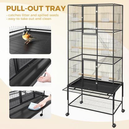 69inch Large Bird Cage Parrot Cage Metal Parrot Flight Cage for Budgie Parakeet Conure, Feeders, Ladders, Perches, Slide-Out Tray Rolling Cockatiel Cage for Mid-Sized Parrots Detachable Storage Stand