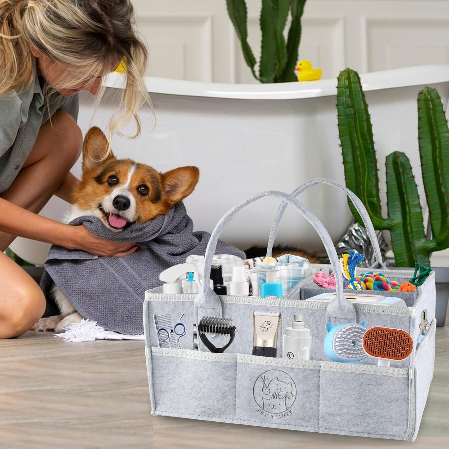Felt Pet Dog Grooming Bag,Dog Storage Organizer for Grooming Supplies,Portable Tote Organizer for Pet Stuff,Ideal for Dog Cat Toys,Blanket, Shampoo,Trimmer,Clipper,Combo,Brush