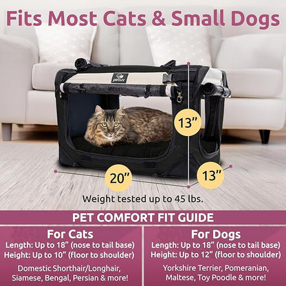 Soft-Sided Cat & Dog Pet Carrier, Medium 20"x13"x13" Fits Most Cats or Small Dog, Comfortable for Travel & Vet Visits, Privacy Windows, Removable Plush Bed, Top/Side Entry, Locking Zippers, Folds Flat