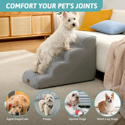 Dog Stairs for Small Dog 19.7" H, Pet Step for Puppy, Older Cat, Curved Ramp for High Bed or Car, Stairs with High Density Foam, Lightweight, Durable, 4 Step, 17.7x28x19.7 inch, Grey