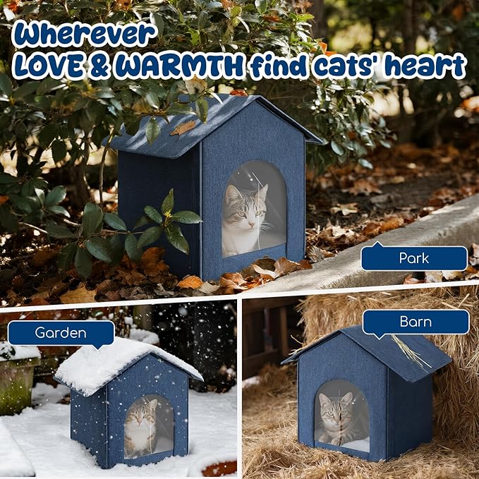 Outdoor Cat House Weatherproof, Insulated Cat Houses for Outdoor/Indoor Cats for Winter, Waterproof Feral Stray Cat Shelter with Warm Cushion and Door Curtain, Easy to Assemble, Navy Blue