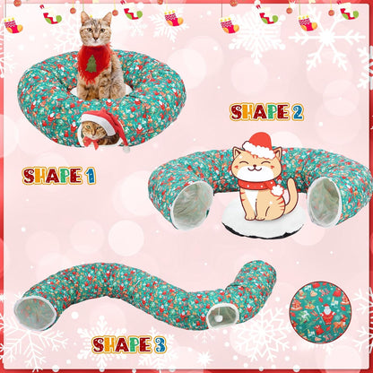 Christmas Cat Tunnel Bed for Indoor Cats Under Christmas Tree Skirt Tube with Hanging Ball Plush Cat Cave, Washable Holiday Pet Gift Toy & Gift for Kittens(Santa)