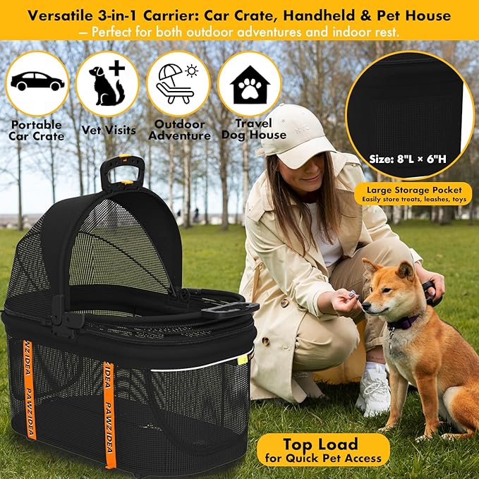 PAWZIDEA Pet Stroller 4 in 1, Cat Strollers with Detachable Carrier No-Zip Canopy, Portable Dog Crate for Car Seat Travel, Foldable & Lightweight Jogger for Small/Medium Dogs and Cats, Storage Basket