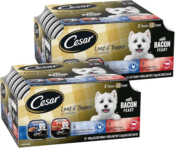 Cesar Wet Dog Food Loaf in Sauce Bacon Feast Variety Pack, 3.5 oz. Easy Peel Trays (12 Count, Pack of 2)