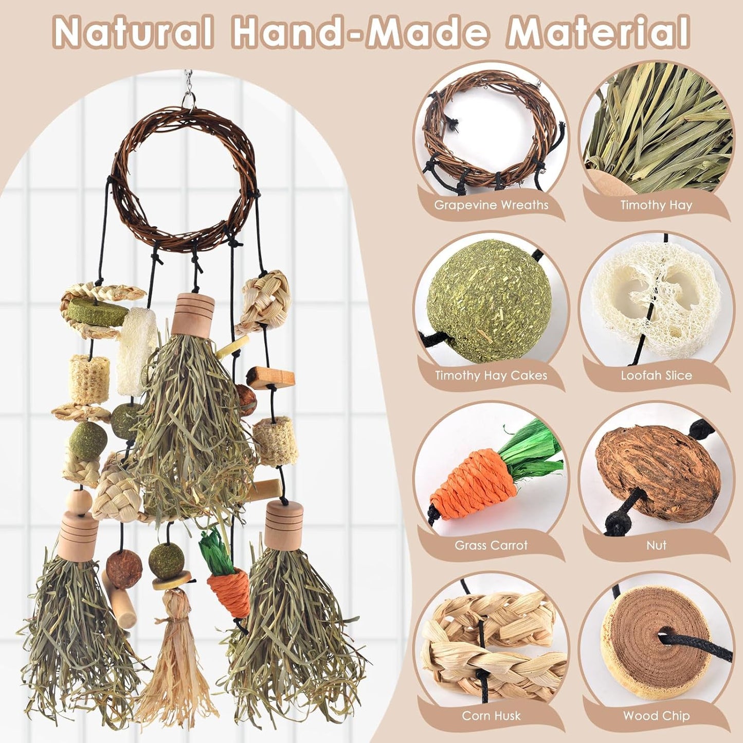 Bissap Bunny Chew Toy, Rabbits Cage Hanging Timothy Hay Chew Toys and Treats Rattan Ring with Snacks for Guinea Pigs Chinchillas Hamsters Rats and Other Small Pets Teeth Grinding