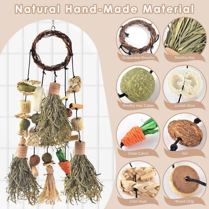 Bissap Bunny Chew Toy, Rabbits Cage Hanging Timothy Hay Chew Toys and Treats Rattan Ring with Snacks for Guinea Pigs Chinchillas Hamsters Rats and Other Small Pets Teeth Grinding