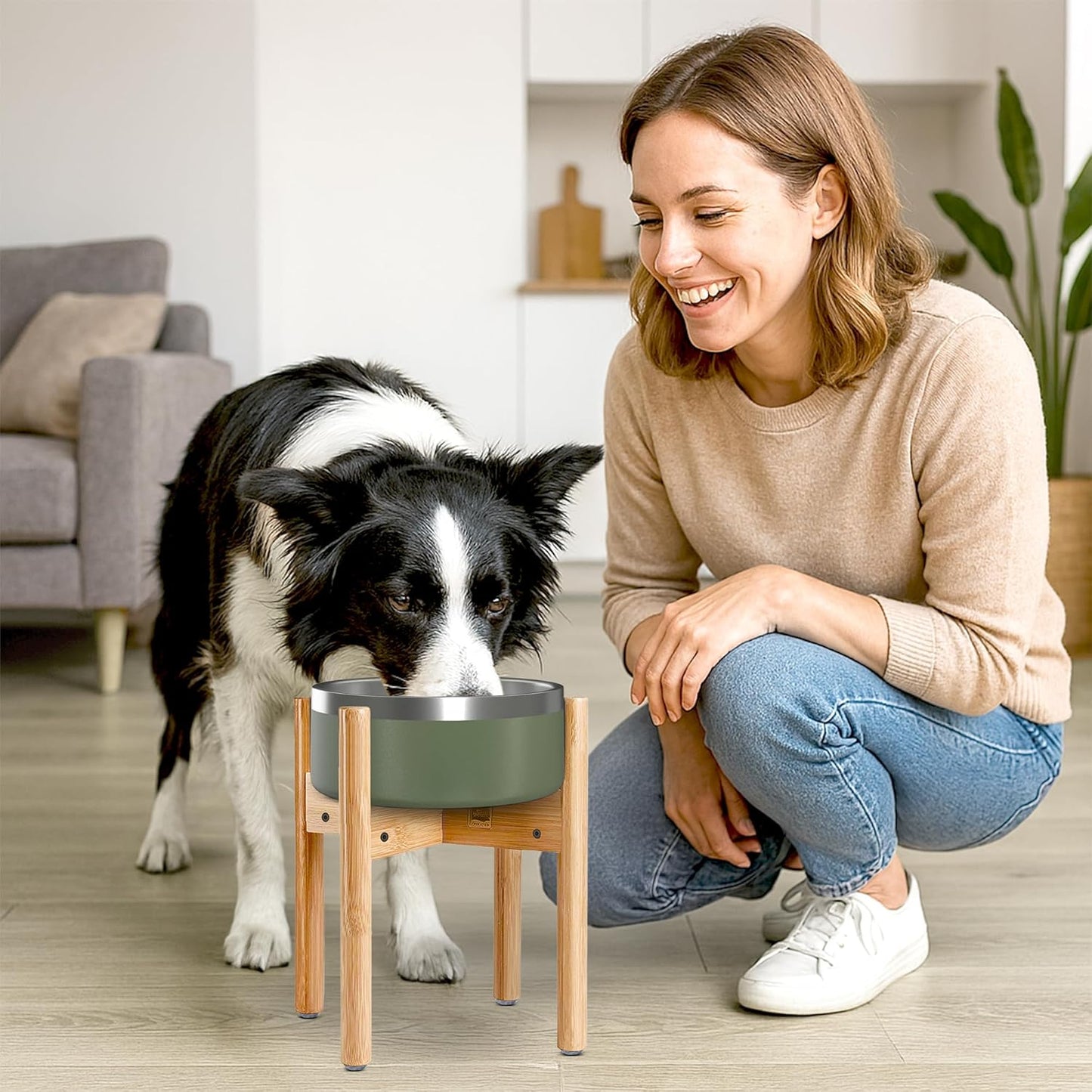 Dog Bowl Stand for Large Dogs - Use to Elevate, Raise Dog Food and Water, Deter Ants/Bugs - Expandable Sideways, Fits Various Sizes of Slow Feeders, Dishes and Drink Fountains - Bamboo