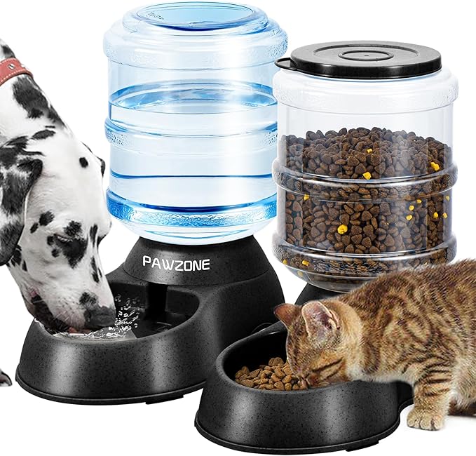 2 Pack Automatic Cat Feeder and Water Dispenser in Set Pet Food Bowl for Small Medium Dog Pets Puppy Kitten Big Capacity 1 Gallon x 2 (Dark Black)
