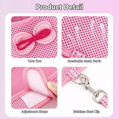 AIITLE Adjustable Rabbit Harness with Cute Bow - Breathable Vest, Anti-Escape Buckles, Reflective Leash for Training, Parties - Fits Rabbits, Hamsters, Mini Pets Pink L