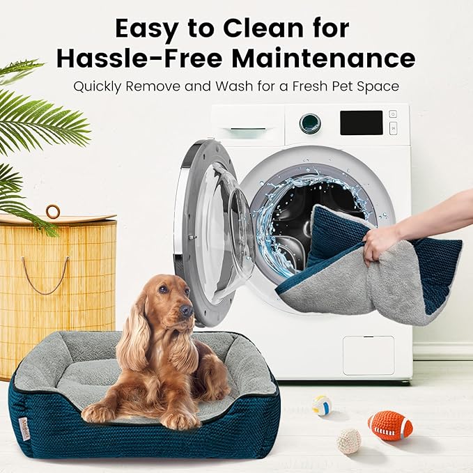 Miguel Dog Bed with Removable Cushion/Pillow for Medium Small Dogs, Washable Pet Bed with Side Easy to Wash Puppy Bed, Large Rectangle Cat Bed for Indoor Cat with Anti-Slip Bottom, Blue 25 Inch