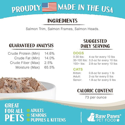 Raw Paws Signature Pet Food for Dogs & Cats - Wild Caught Salmon, 1-lb Rolls (20 Pack) Made in USA Salmon Dog Food - Raw Frozen Fish Dog Food - Sensitive Stomach Cat Food