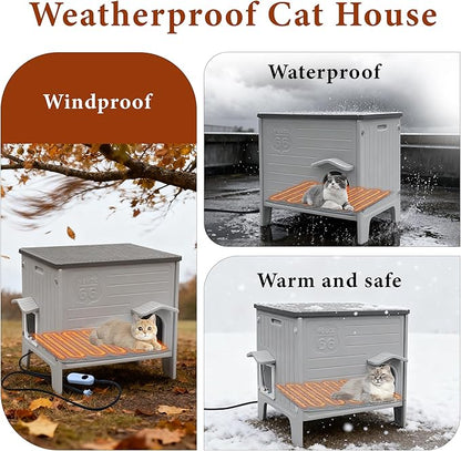 Heated Cat House for Outside Large Weatherpoof Plastic Cats Houses Outdoor with Escape Door Indoor Waterproof Feral/Pet Cat Shelter for Multiple Cats (Grey)