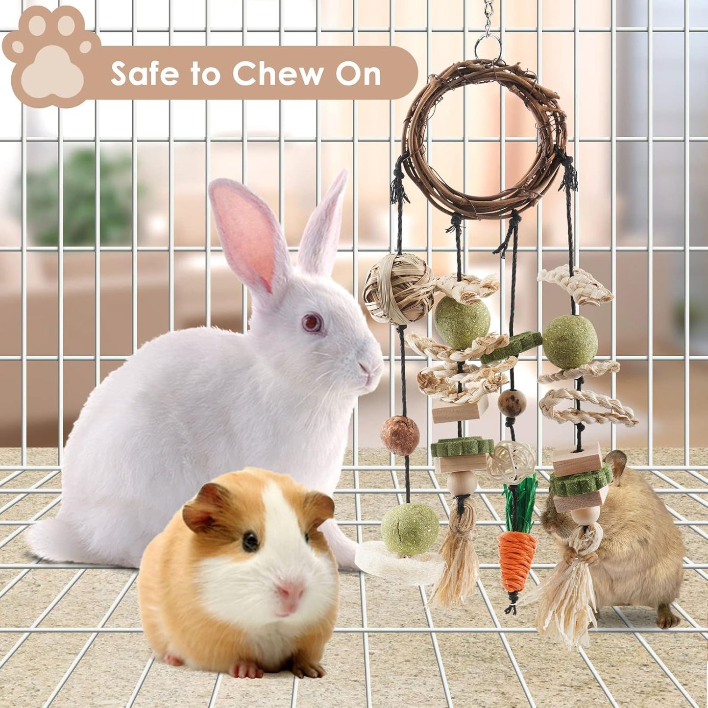 Bissap Bunny Chew Toy, 2 Packs Rabbits Cage Hanging Chew Toys and Treats Rattan Ring with Snacks for Guinea Pigs Chinchillas Hamsters Rats and Other Small Pets Teeth Grinding