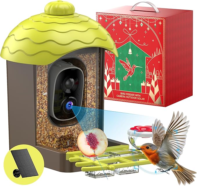 Smart Bird Feeder with Camera Outdoor: 2K Wild Bird Watching Video Cam - Unique Gifts for Nature Lover - Birds House Window at Garden IP66 Solar Charged & Squirrel-Proof Alarm