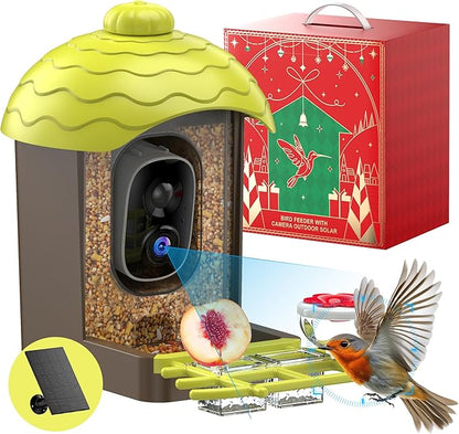 Smart Bird Feeder with Camera Outdoor: 2K Wild Bird Watching Video Cam - Unique Gifts for Nature Lover - Birds House Window at Garden IP66 Solar Charged & Squirrel-Proof Alarm