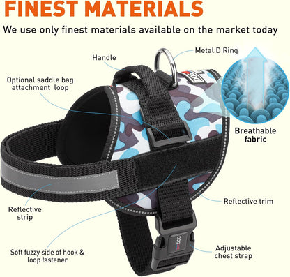 Dogline Dog Harness, Reflective No-Pull Adjustable Vest with Handle for Walking, Training, Breathable, No - Choke Harness for Small, Medium or Large Dogs Room for Patches Girth 18 to 24 in Blue Camo