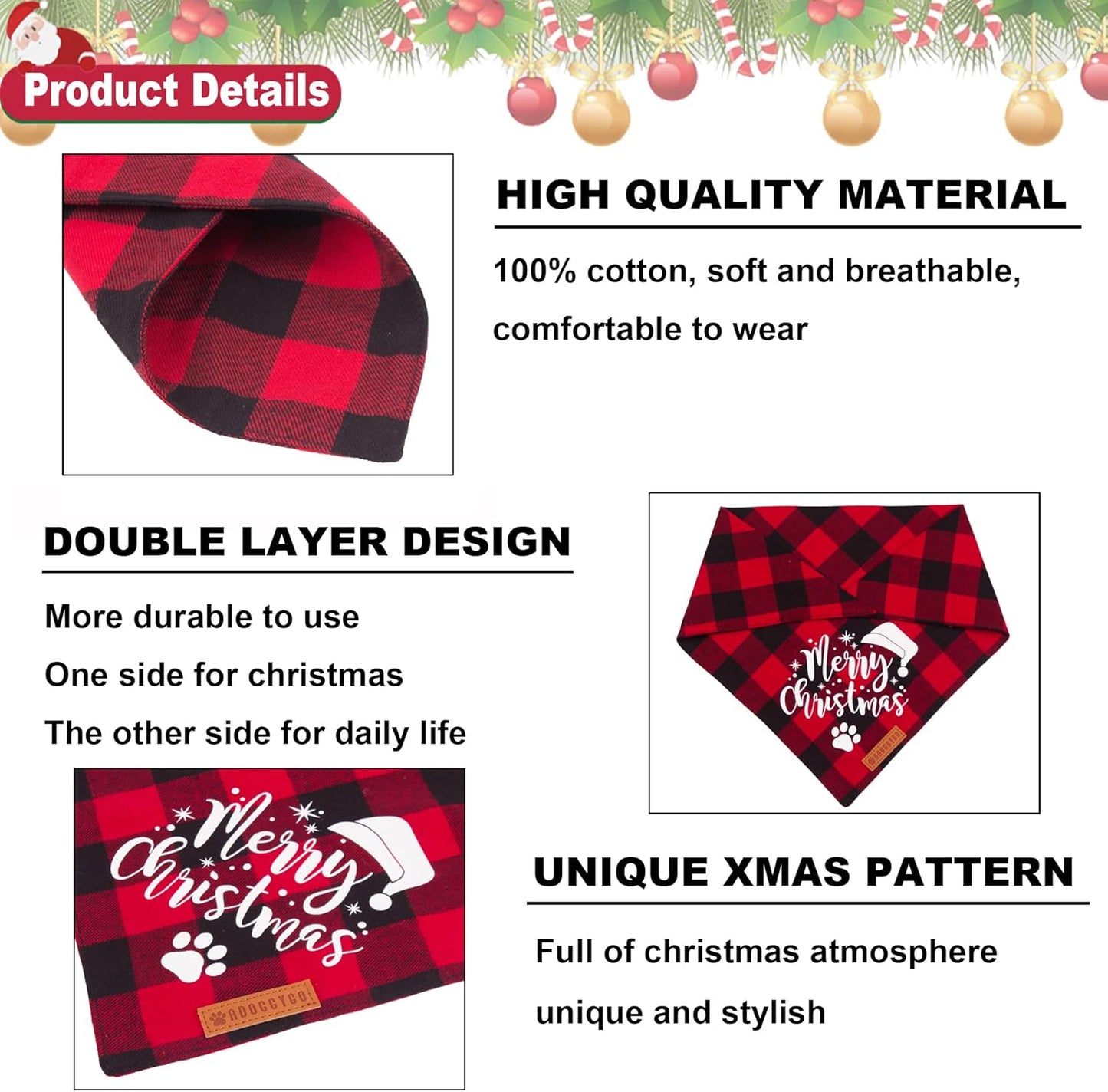 ADOGGYGO Christmas Dog Bandanas, Red Green Plaid Dog Scarf Bib, Premium Cotton Fabric, Multiple Sizes, Merry Christmas Bandanas for Small Dogs (Small)