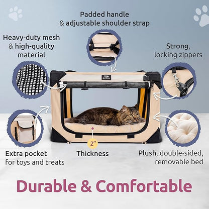 Soft-Sided Cat & Dog Pet Carrier, Large 24"x16"x16", Fits Large Cat, 2 Cats, or Medium Dog Comfortably, Great for Travel & Vet Visits, Privacy Windows, Removable Bed, Locking Zippers, Folds Flat