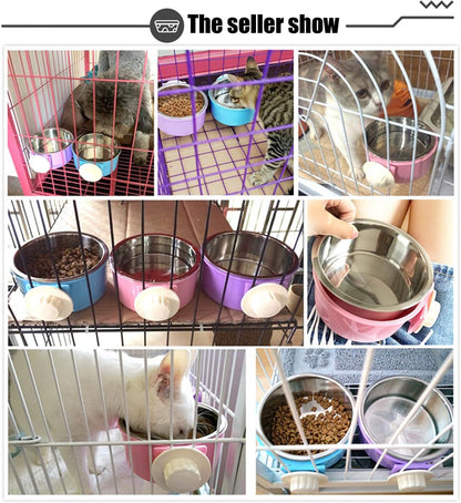 Crate Dog Bowl Removable Stainless Steel Water Food Feeder Bowls Cage Coop Cup for Cat Puppy Bird Pets (Large, Blue)