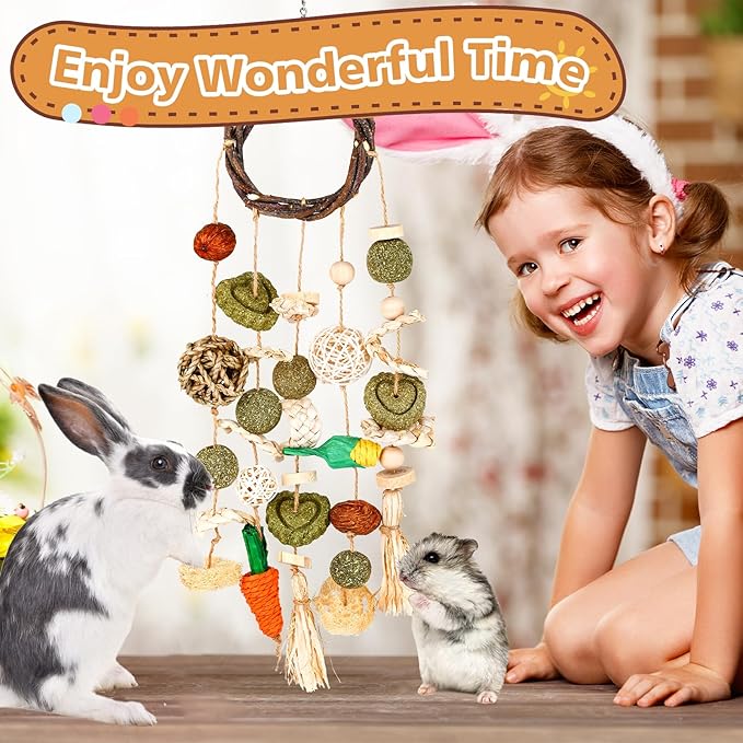 VESPRO Bunny Chew Toys, Rabbit Cage Hanging Chewing Toy and Treats Snack Ring, for Rabbits Chinchilla Guinea Pig Hamsters Grinding Teeth with Other Small Pets, Natural Materials Handwoven (5 Strings)