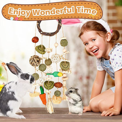 VESPRO Bunny Chew Toys, Rabbit Cage Hanging Chewing Toy and Treats Snack Ring, for Rabbits Chinchilla Guinea Pig Hamsters Grinding Teeth with Other Small Pets, Natural Materials Handwoven (5 Strings)