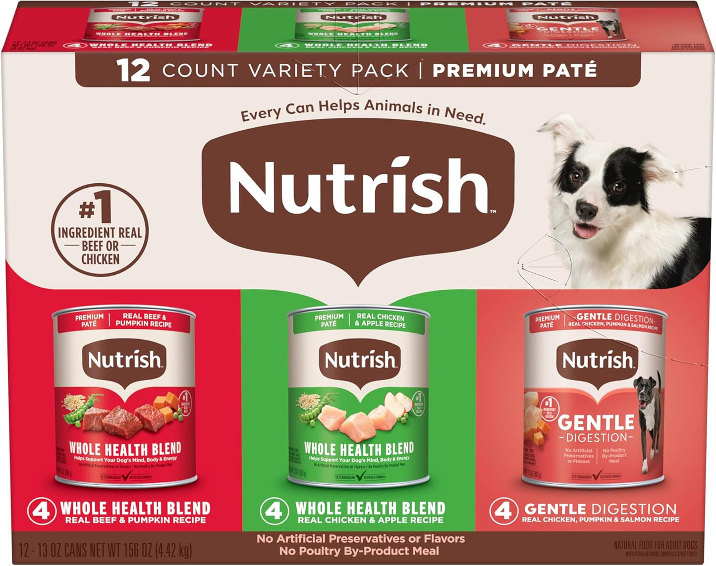 Nutrish Gentle Digestion and Whole Health Blend Premium Paté Variety Pack Wet Dog Food, 13 oz. Can, Pack of 12, Packaging May Vary (Rachael Ray)