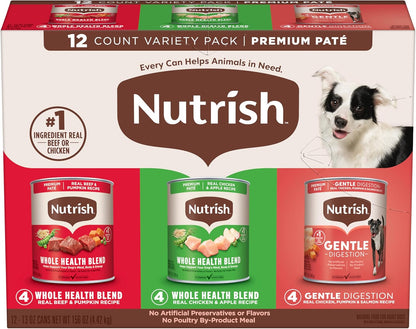 Nutrish Gentle Digestion and Whole Health Blend Premium Paté Variety Pack Wet Dog Food, 13 oz. Can, Pack of 12, Packaging May Vary (Rachael Ray)