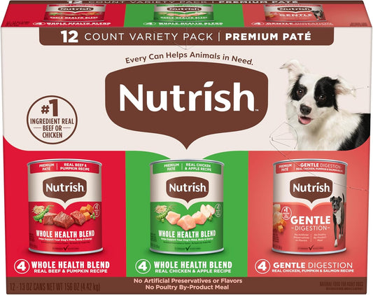 Nutrish Gentle Digestion and Whole Health Blend Premium Paté Variety Pack Wet Dog Food, 13 oz. Can, Pack of 12, Packaging May Vary (Rachael Ray)