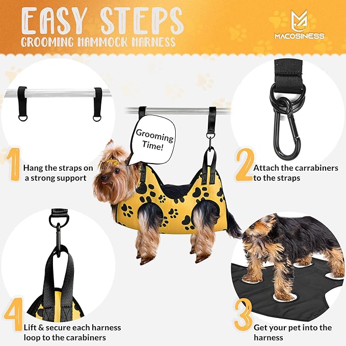 Pet Grooming Hammock for Nail Trimming - Complete Groomers Helper Set for Pet - Dog Grooming Hammock with Hook - Cat Nail Clipper - Dog Hammock for Nail Clipping (XS, Gold with Black Paws)